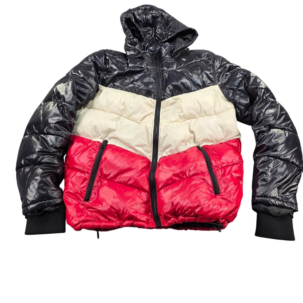 GUESS Puffer‎ Jacket Hooded Colorblock Shiny Black Red Cream Size M Vintage Y2K